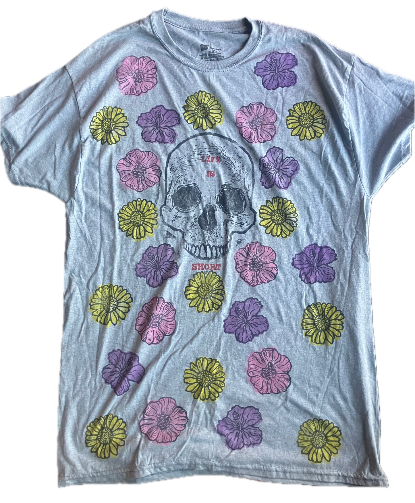 Life is Short skull with Flowers Grey T