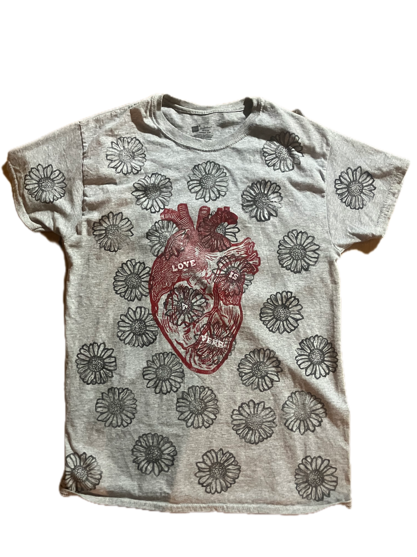Love is a Verb Gray T with Daisies